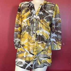 BNWOT Nicole Miller New York yellow/gray combo sheer belted top